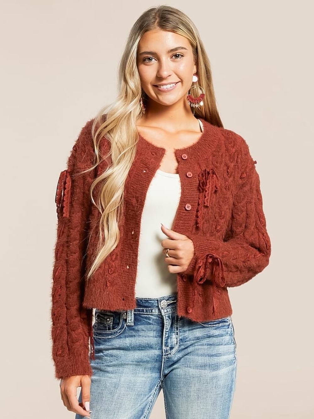 Miss Me Burnt Rust Cable-Knit Button Cardigan With Lace Ribbon